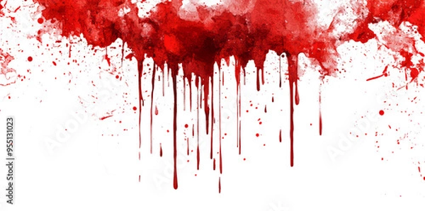 Obraz Red blood or paint flowing down on transparent background. Halloween, murder and horror concept. Red ink splash, splatter and stain.