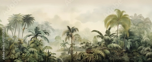 Obraz Painting of a jungle landscape. Lush, green rainforest with big trees and leaves. Watercolor pattern wallpaper in vintage retro style. Abstract art concept.