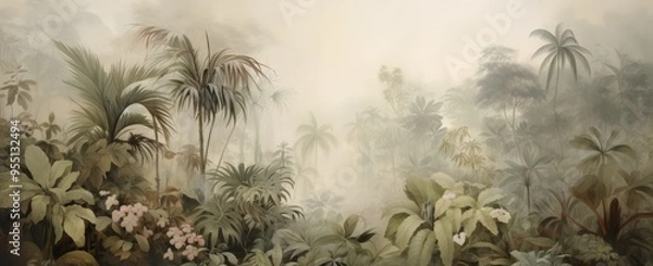 Fototapeta Painting of a jungle landscape. Lush, green rainforest with big trees and leaves. Watercolor pattern wallpaper in vintage retro style. Abstract art concept.