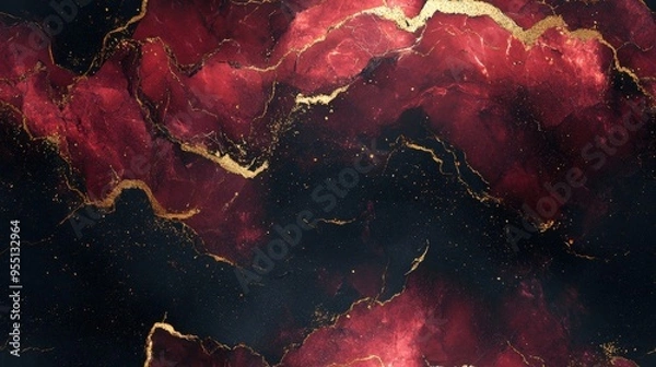 Obraz Elegant abstract design with red and black marbled texture, accented by gold veins for a luxurious and sophisticated look