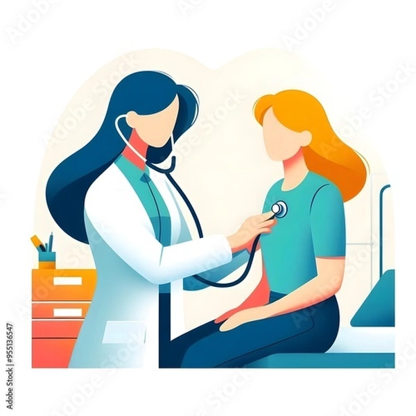Fototapeta Flat Design Cartoon Female Doctor Using a Stethoscope on a Female Patient