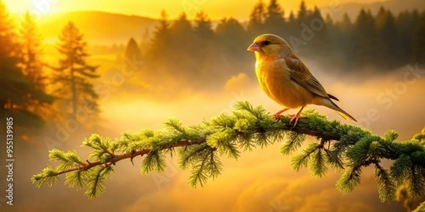 Fototapeta In the quiet of dawn, a canary rests on a branch of a majestic cedar, delicate mist swirls around, warm golden light, sense of serenity, a realistic photo image.