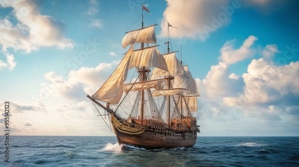 Obraz A historic wooden sailing ship with tall masts and billowing white sails navigating through the open ocean, with the horizon stretching out ahead.