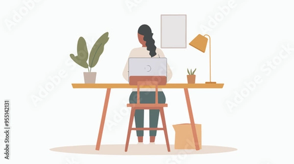 Fototapeta Woman working from home office on laptop computer at deskfreelance work from home entrepreneur online business student study remote work illustration graphic design element