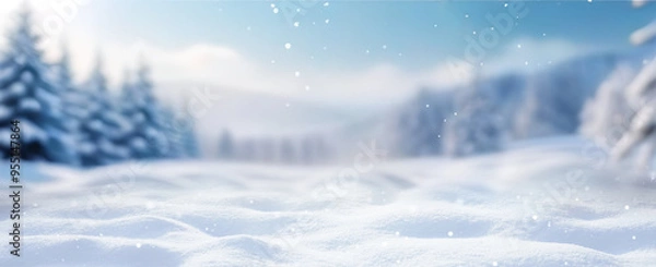 Obraz Beautiful winter background of snow and blurred forest in background, Gently falling snow flakes against blue sky. Wide panorama format.