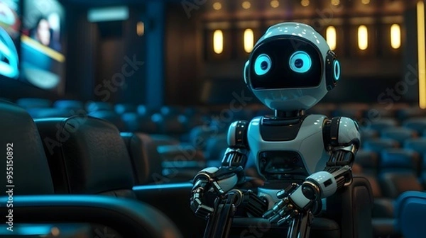 Fototapeta Sophisticated Entertainment Robot Projecting Movie on Home Theater Screen