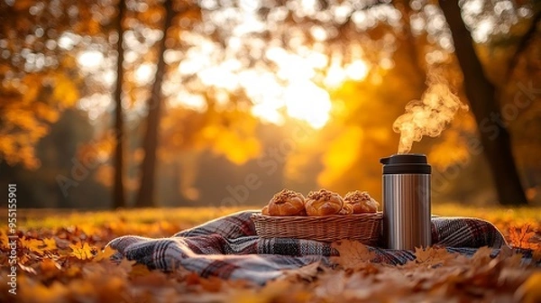 Fototapeta A cozy autumn picnic scene with a plaid blanket, a steaming thermos of hot cocoa, and a basket of warm pastries, set against a backdrop of vibrant fall leaves. The sunlight casts a warm, golden glow,