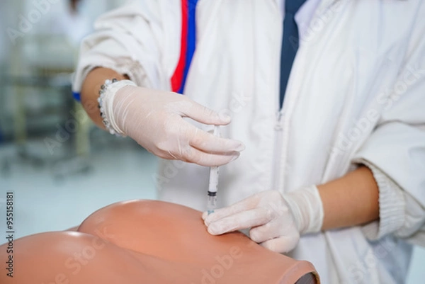 Fototapeta Nursing students practice injections on a training model, focusing on precise technique while wearing gloves and masks.