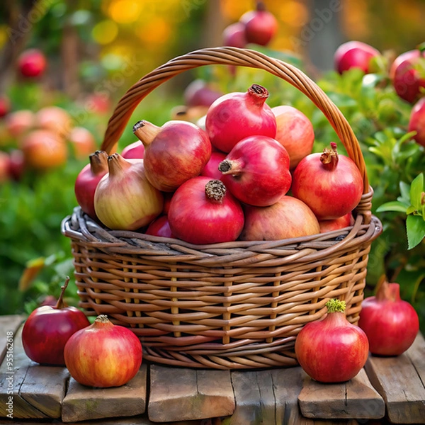Fototapeta Pomegranates In Wooden basket On Table in garden Harvest Concept