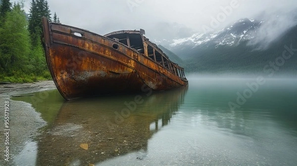 Obraz Rusty Shipwreck on the Shore of an Alpine Lake in British Columbia. AI generated illustration
