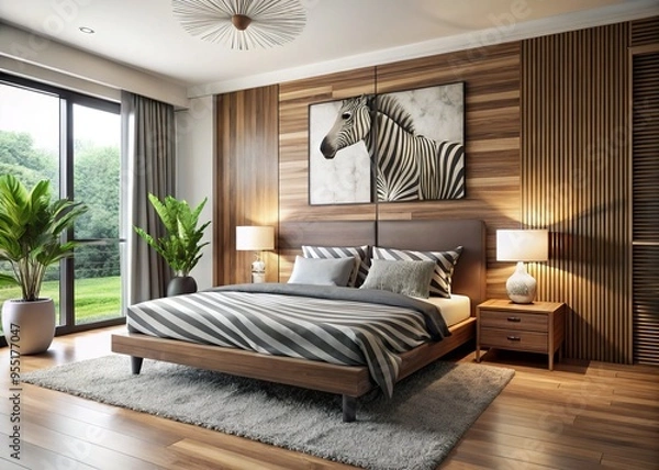 Fototapeta A harmonious blend of modern and bohemian style in this bedroom, where a chic zebra-print headboard meets warm