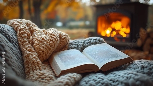 Fototapeta A cozy autumn evening captured with an open book on a cushioned chair, a knitted blanket over the arm, glowing fireplace nearby, warm and inviting atmosphere, rich detail, soft light,