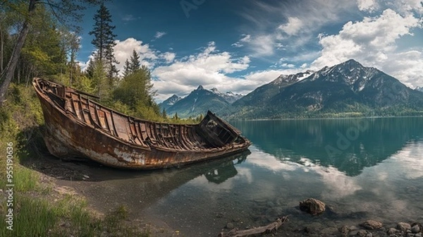 Fototapeta Rusty Shipwreck on the Shore of an Alpine Lake in British Columbia. AI generated illustration