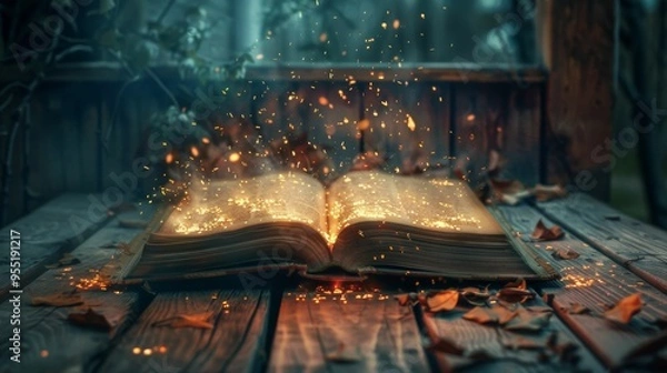 Obraz Open Book with Glowing Sparks and Autumn Leaves