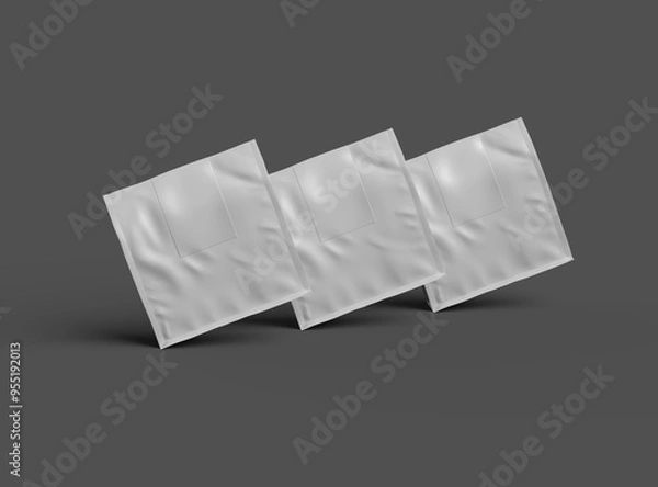 Fototapeta Mockup of a square glossy package with a sticker label on top on a dark background
