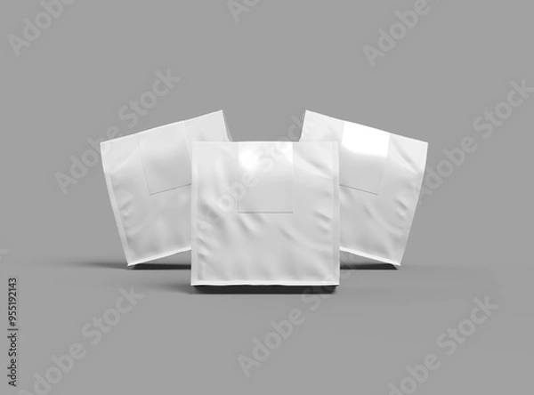Fototapeta Mockup of a square glossy package with a sticker label on top on a light background