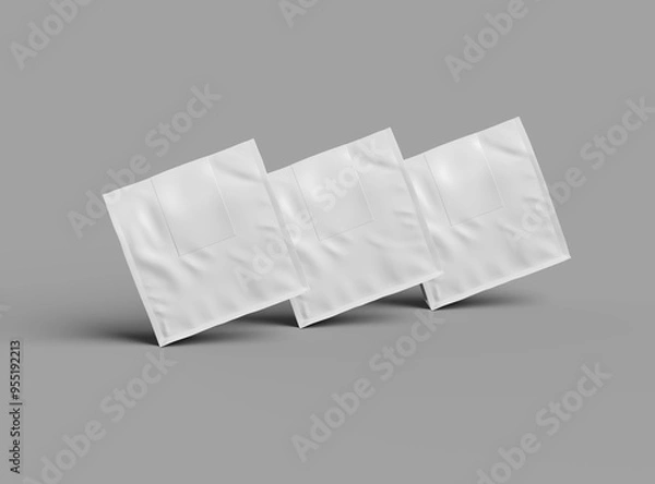 Fototapeta Mockup of a square glossy package with a sticker label on top on a light background