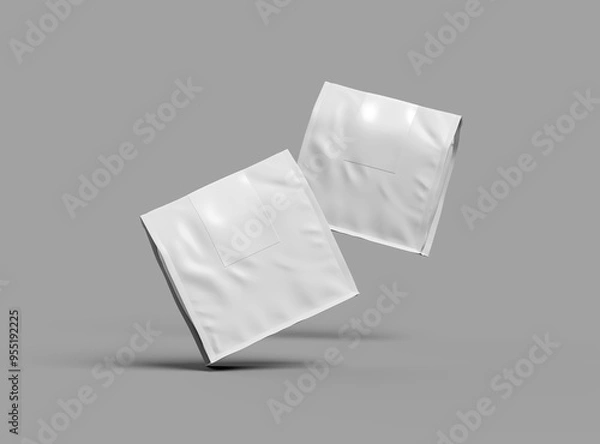 Fototapeta Mockup of a square glossy package with a sticker label on top on a light background
