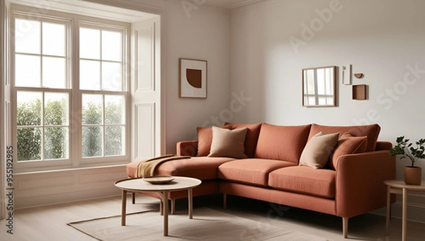 Fototapeta Contemporary living room interior with plush sofa, stylish armchair, and elegant coffee table, creating a comfortable and inviting space for modern home living