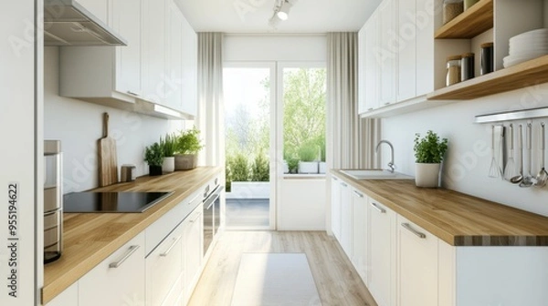 Fototapeta A sleek, modern Nordic kitchen with clean lines, white cabinetry, and wooden countertops, featuring simple decor and plenty of natural light.