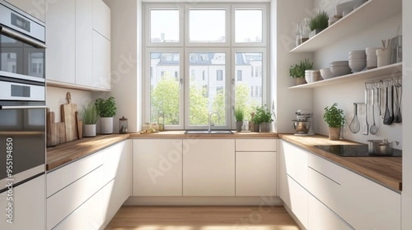 Fototapeta A sleek, modern Nordic kitchen with clean lines, white cabinetry, and wooden countertops, featuring simple decor and plenty of natural light.