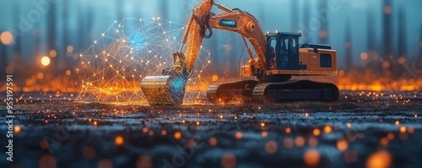 Obraz Excavator with digital network overlay operating on a construction site, representing the future of smart construction and digitalized heavy machinery