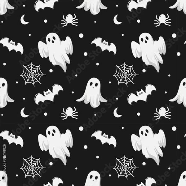 Obraz This Halloween pattern features a flat style with various iconic elements.Seamless background perfect for use in textiles, wallpapers, and festive decorations.