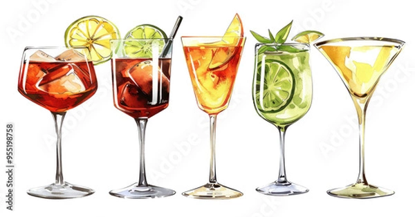 Fototapeta Alcohol drinks cocktail set watercolor illustration isolated on transparent background