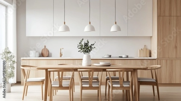 Fototapeta A stylish dining area in a minimalist house, with a wooden table, Scandinavian chairs, and pendant lights, creating a chic yet understated ambiance