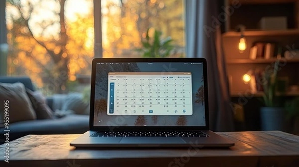 Fototapeta Open laptop with calendar app on the screen, Monday morning, scheduling and planning