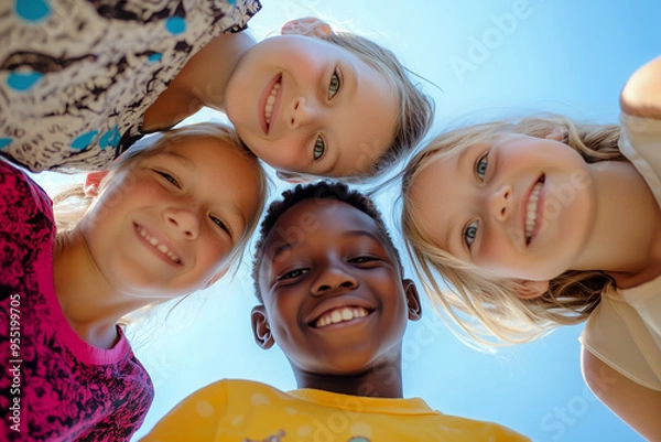 Fototapeta Bunch of cheerful joyful cute little children playing together and having fun. Group portrait of happy kids huddling, looking down at camera and smiling. Low angle, view from below. Friendship concept