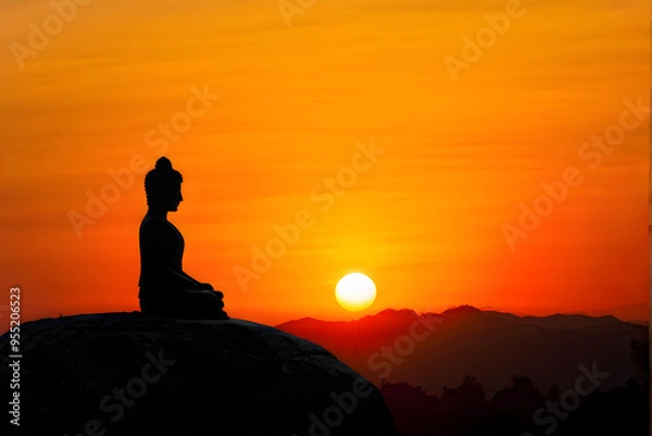 Fototapeta buddha silhouette on golden sunset background beliefs of Buddhism

