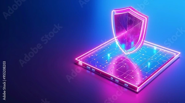 Fototapeta Neon digital shield symbolizes cybersecurity and data protection. Futuristic concept with glowing pink and blue lights on a tech platform.