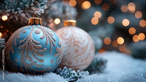 Fototapeta Christmas season is filled with warmth and joy, adorned with sparkling baubles and lush pine branches, celebration during winter, wonderful memories together.