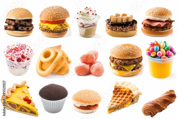 Obraz A colorful assortment of donuts, cookies, fries, and chocolate chips, showcasing various toppings and flavors on a white background.