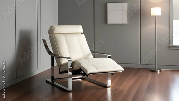 Fototapeta Modern Recliner Chair in Contemporary Living Room: Sleek and sophisticated, this white leather recliner chair with chrome accents adds a touch of elegance to any modern living space.