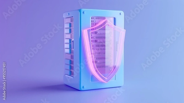Fototapeta Secure data server with a pink shield icon, representing cybersecurity and data protection in a modern digital environment.