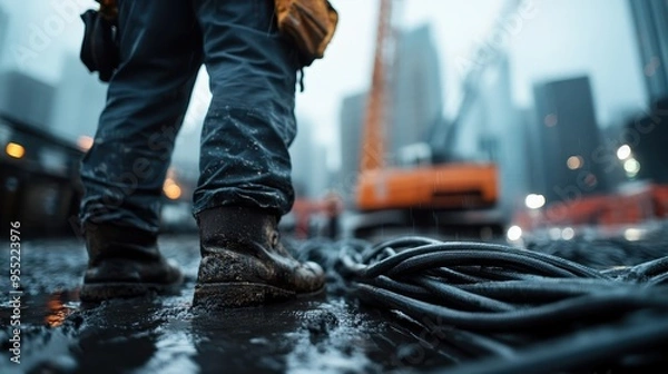 Fototapeta A close-up view of a construction worker's muddy boots standing amid coiled cables on a wet and muddy construction site with blurred heavy machinery in the background.