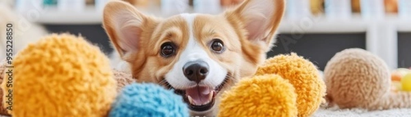 Fototapeta A happy corgi surrounded by colorful pom-poms, showcasing joy and playfulness in a bright indoor setting.
