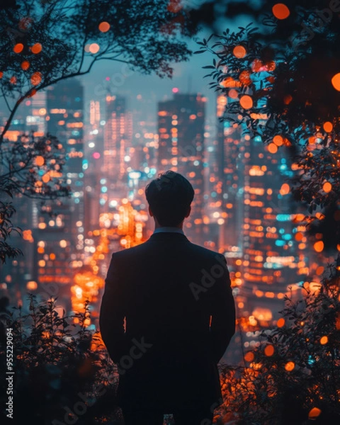 Fototapeta A corporate executive celebrating career success, with a background of skyscrapers and city lights,
