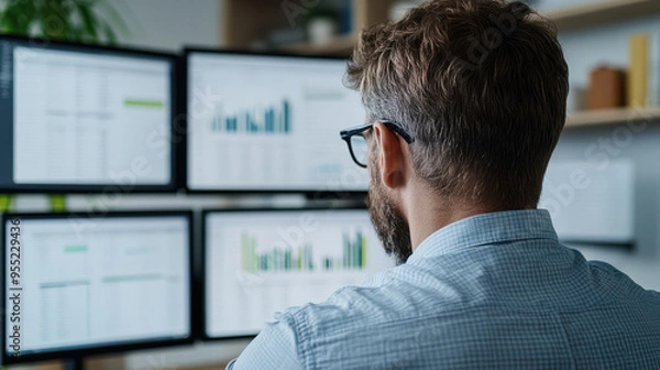 Obraz A man analyzes data on multiple screens in a modern office, focusing on graphs and statistics for better decision making.