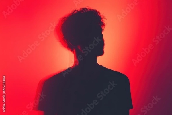Fototapeta Anonymous Male Silhouette in Black T-Shirt Against Vibrant Red Gradient Background - Abstract Concept of Identity and Anonymity