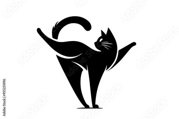 Obraz Playful Cat Silhouette Vector Illustration. Whimsical Black Cat Outline in White Background