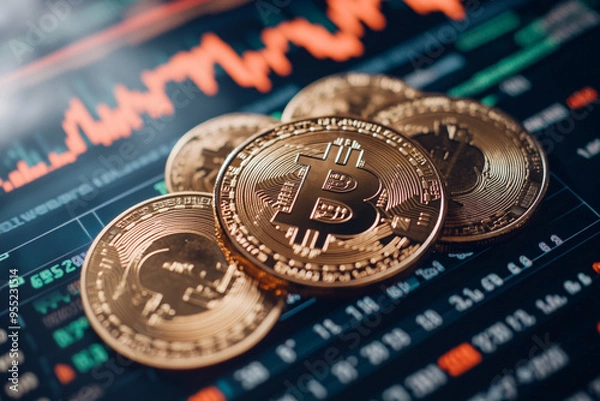 Fototapeta Bitcoin Cryptocurrency Coin on Trading Platform with Price Chart in Background, Highlighting Digital Currency, Blockchain Technology, and Financial Market Trends in the World of Decentralized Finance