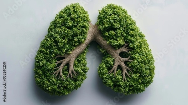 Fototapeta Human lungs creatively depicted with lush green leaves, demonstrating an intertwined relationship between human biology and nature, emphasizing vitality and ecology.