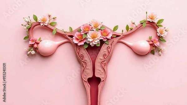 Fototapeta Artistic representation of a uterus with floral elements symbolizing fertility and health