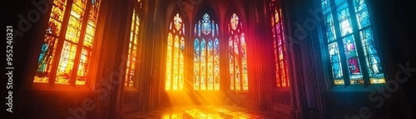 Fototapeta Vibrant stained glass windows illuminate a serene interior, casting colorful light and enhancing the spiritual atmosphere.