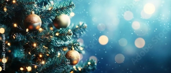 Fototapeta Christmas Tree With Ornament And Bokeh Lights In blue Background