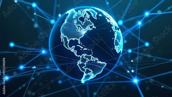 Fototapeta Glowing Digital Globe with Blue Connections on Dark Futuristic Background