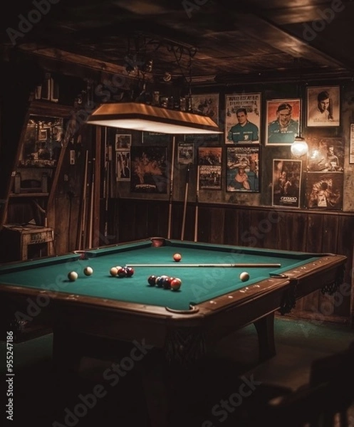 Fototapeta A moody photo of a pool table in a dimly lit room, surrounded by vintage posters and billiard cues, evoking a classic vibe.
